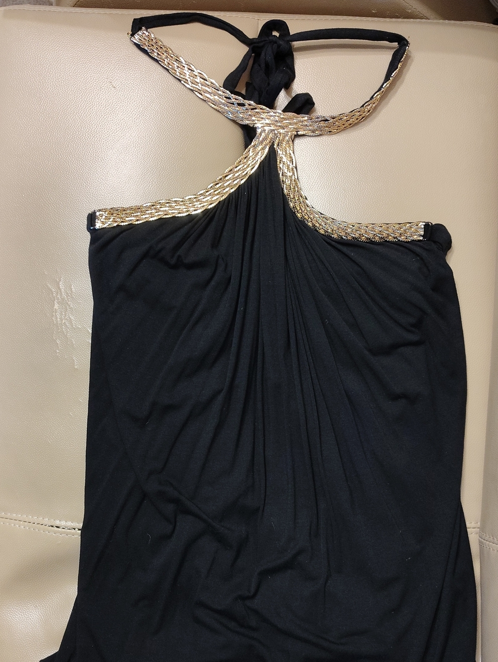 STUNNING SKY HALTER TOP WITH GOLD NECKLINE L